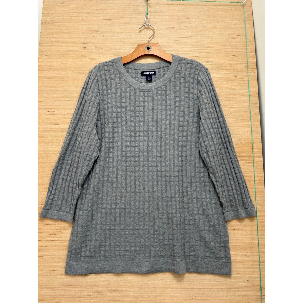 Lands‎ End Womens Gray Grid Textured Crew Neck 3/4 Sleeve Pullover Sweater L
